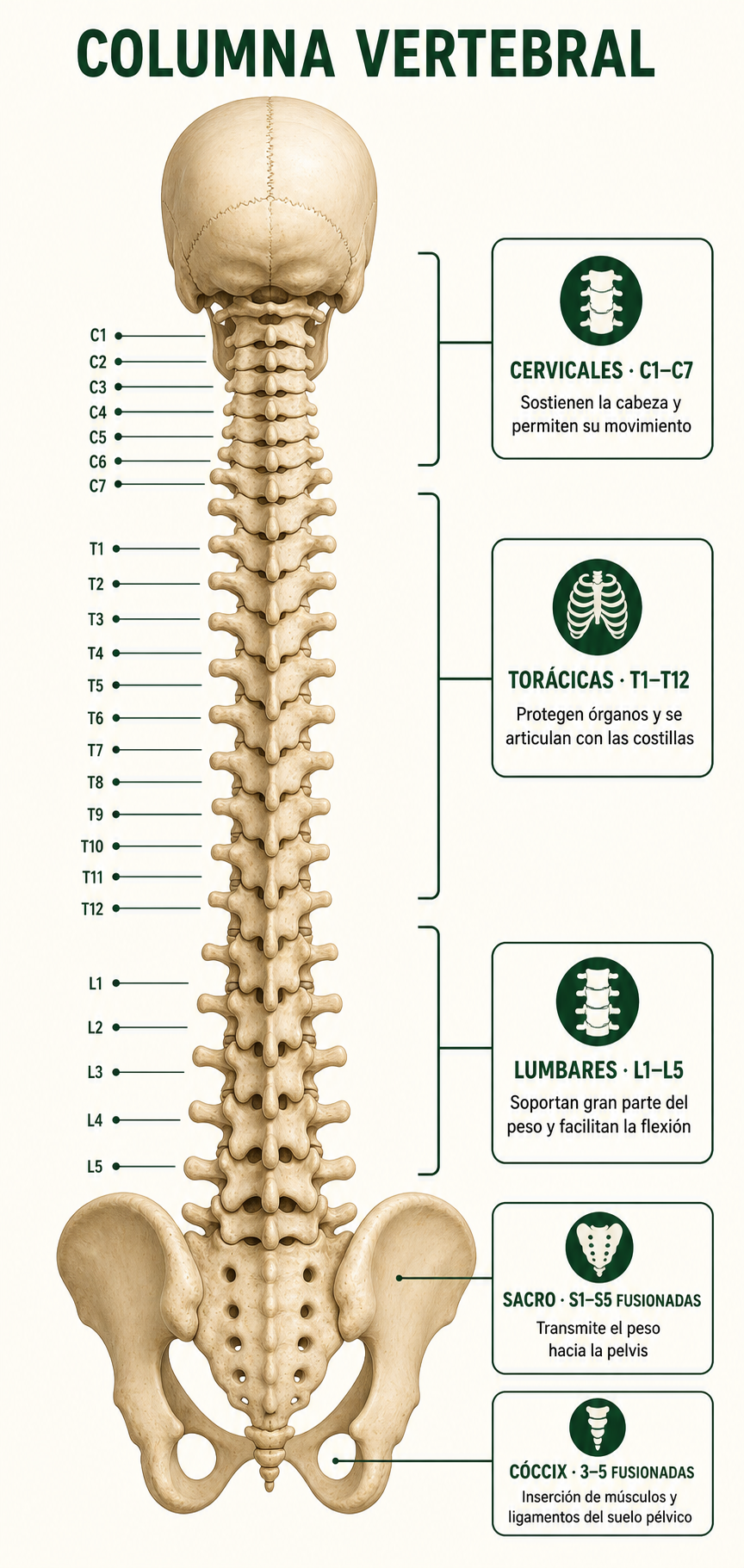 Lámina anatómica de la columna vertebral completa con numeración y funciones por región